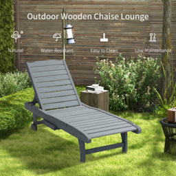Outsunny Garden Patio Sun Lounger, Outdoor Wooden Sun Bed with Built-In Table, Reclining Backrest and Rolling Wheels for Sunbathing, Grey - thumbnail 7