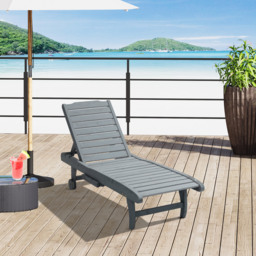 Outsunny Garden Patio Sun Lounger, Outdoor Wooden Sun Bed with Built-In Table, Reclining Backrest and Rolling Wheels for Sunbathing, Grey - thumbnail 2
