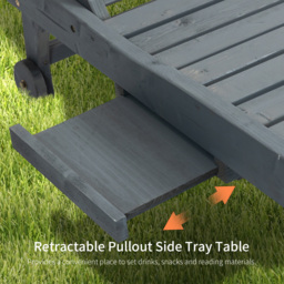 Outsunny Garden Patio Sun Lounger, Outdoor Wooden Sun Bed with Built-In Table, Reclining Backrest and Rolling Wheels for Sunbathing, Grey - thumbnail 4