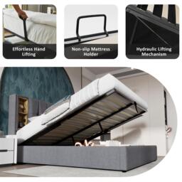 Upholstered Double Bed with Storage, Wooden Double Bed with Wireless Charging Headboard and Fast charging Ports, Hydraulic Storage Design, Grey - Aosom UK - thumbnail 6