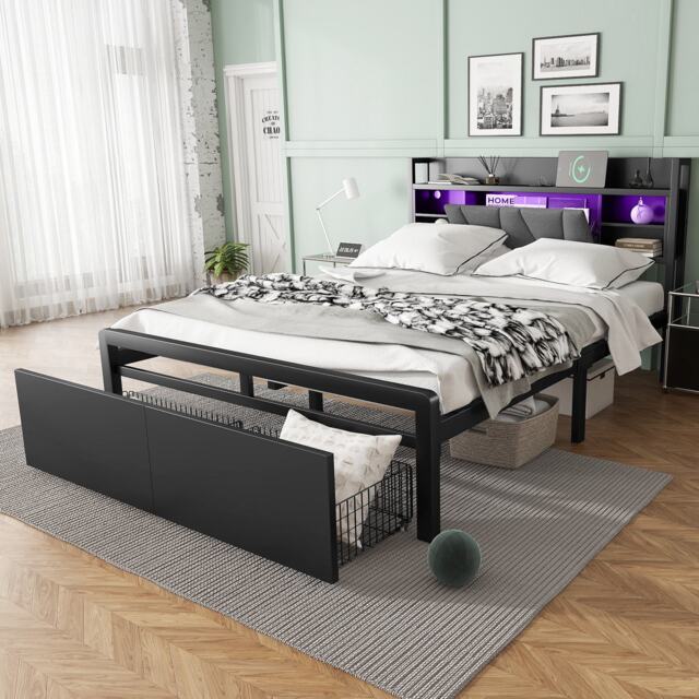 Metal Bed with LED Strip Lights and Charging Ports, Bed Frame with Wheeled Drawers, Padded Storage, 209L x 137.5W x 100H cm, Black - Aosom UK - image 1