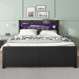 Metal Bed with LED Strip Lights and Charging Ports, Bed Frame with Wheeled Drawers, Padded Storage, 209L x 137.5W x 100H cm, Black - Aosom UK - thumbnail 6