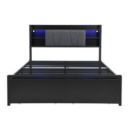 Metal Bed with LED Strip Lights and Charging Ports, Bed Frame with Wheeled Drawers, Padded Storage, 209L x 137.5W x 100H cm, Black - Aosom UK - thumbnail 2