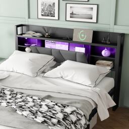 Metal Bed with LED Strip Lights and Charging Ports, Bed Frame with Wheeled Drawers, Padded Storage, 209L x 137.5W x 100H cm, Black - Aosom UK - thumbnail 8