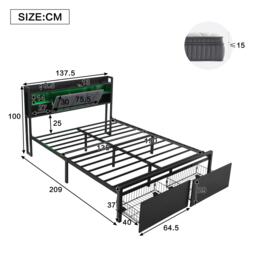 Metal Bed with LED Strip Lights and Charging Ports, Bed Frame with Wheeled Drawers, Padded Storage, 209L x 137.5W x 100H cm, Black - Aosom UK - thumbnail 3