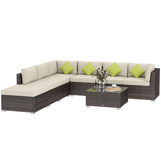 Outsunny 8pc Rattan Corner Sofa Set Rattan Garden Furniture with Thick Cushions and Glass Top Table, Mixed Brown - Aosom UK - image 1