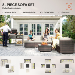 Outsunny 8pc Rattan Corner Sofa Set Rattan Garden Furniture with Thick Cushions and Glass Top Table, Mixed Brown - Aosom UK - thumbnail 6