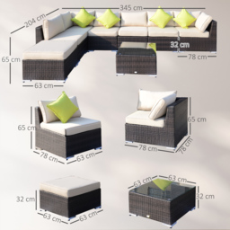 Outsunny 8pc Rattan Corner Sofa Set Rattan Garden Furniture with Thick Cushions and Glass Top Table, Mixed Brown - Aosom UK - thumbnail 3