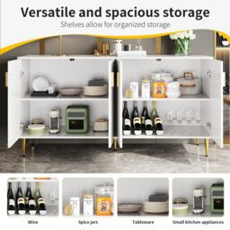 Wave Front Sideboard with 4 Doors & 2 Drawers, Gold Handles & Feet, Modern Buffet Storage Cabinet for Home Storage, 152x40x75 cm, White - Aosom UK - thumbnail 4