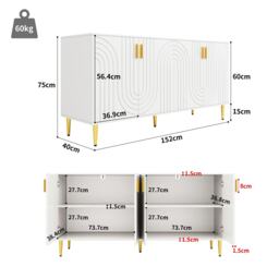 Wave Front Sideboard with 4 Doors & 2 Drawers, Gold Handles & Feet, Modern Buffet Storage Cabinet for Home Storage, 152x40x75 cm, White - Aosom UK - thumbnail 3