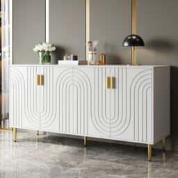 Wave Front Sideboard with 4 Doors & 2 Drawers, Gold Handles & Feet, Modern Buffet Storage Cabinet for Home Storage, 152x40x75 cm, White - Aosom UK