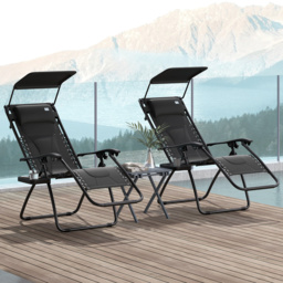 Outsunny Zero Gravity Lounger Chair Set of 2, Folding Reclining Patio Chair with Cup Holder, Cushion and Headrest for Poolside, Camping, Black - thumbnail 2