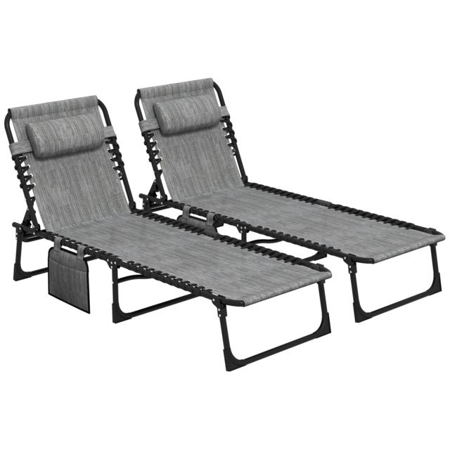 Outsunny Portable Sun Lounger Set of 2, Folding Camping Bed Cot, Reclining Lounge Chair 5-position Adjustable Backrest, Mixed Grey - image 1