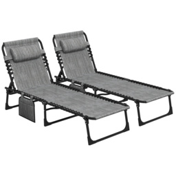 Outsunny Portable Sun Lounger Set of 2, Folding Camping Bed Cot, Reclining Lounge Chair 5-position Adjustable Backrest, Mixed Grey - thumbnail 1