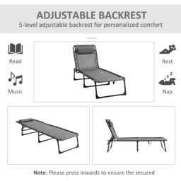 Outsunny Portable Sun Lounger Set of 2, Folding Camping Bed Cot, Reclining Lounge Chair 5-position Adjustable Backrest, Mixed Grey - thumbnail 4