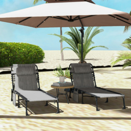 Outsunny Portable Sun Lounger Set of 2, Folding Camping Bed Cot, Reclining Lounge Chair 5-position Adjustable Backrest, Mixed Grey - thumbnail 2