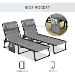 Outsunny Portable Sun Lounger Set of 2, Folding Camping Bed Cot, Reclining Lounge Chair 5-position Adjustable Backrest, Mixed Grey - thumbnail 7
