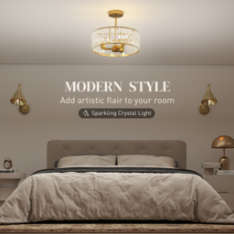 HOMCOM Crystal Ceiling Light Fixture, Semi Flush Mount Modern Crystal Chandelier Ceiling Light for Living Room, Bedroom, Hallway,  Dining Room, E14 Base 3-Lights, Gold Tone - thumbnail 4