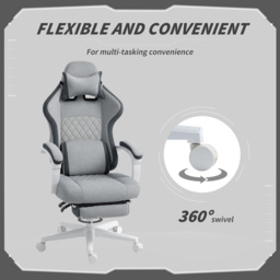 HOMCOM Ergonomic High Back Gaming Chair for Adults, Printed Velvet Computer Recliner Chair with Footrest, Lumbar Support, Adjustable Height and 360° Swivel Seat for Office or Gaming, Grey - thumbnail 8