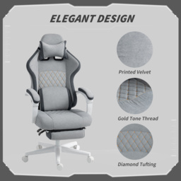 HOMCOM Ergonomic High Back Gaming Chair for Adults, Printed Velvet Computer Recliner Chair with Footrest, Lumbar Support, Adjustable Height and 360° Swivel Seat for Office or Gaming, Grey - thumbnail 4