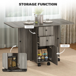 HOMCOM Folding Dining Table for 4-6, Rolling Drop Leaf Table with Storage Drawers, Cabinet and Open Shelf, Extendable Kitchen Table on Wheels, Grey - thumbnail 6