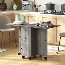 HOMCOM Folding Dining Table for 4-6, Rolling Drop Leaf Table with Storage Drawers, Cabinet and Open Shelf, Extendable Kitchen Table on Wheels, Grey - thumbnail 2