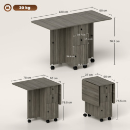 HOMCOM Folding Dining Table for 4-6, Rolling Drop Leaf Table with Storage Drawers, Cabinet and Open Shelf, Extendable Kitchen Table on Wheels, Grey - thumbnail 3