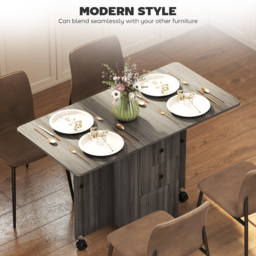 HOMCOM Folding Dining Table for 4-6, Rolling Drop Leaf Table with Storage Drawers, Cabinet and Open Shelf, Extendable Kitchen Table on Wheels, Grey - thumbnail 4