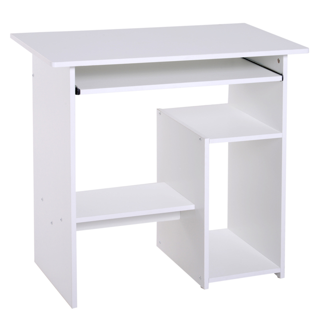 HOMCOM Compact Computer Table with Keyboard Tray, Storage Shelf, Wooden Corner Desk for Home Office, White - Aosom UK - image 1