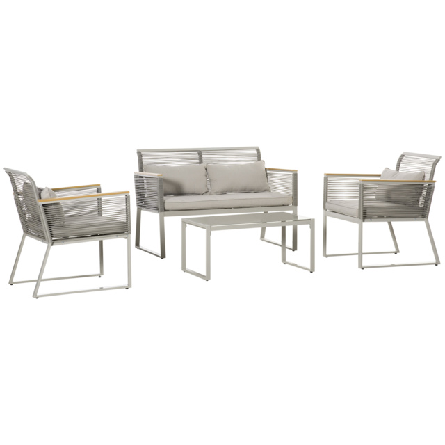 Outsunny 4-Seater Patio Wicker Sofa Set, Outdoor Metal Frame Wrapped Round PE Rattan Conservatory Furniture w/ Cushions, Tempered Glass Table, Grey - image 1