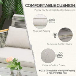 Outsunny 4-Seater Patio Wicker Sofa Set, Outdoor Metal Frame Wrapped Round PE Rattan Conservatory Furniture w/ Cushions, Tempered Glass Table, Grey - thumbnail 5