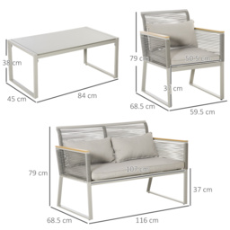 Outsunny 4-Seater Patio Wicker Sofa Set, Outdoor Metal Frame Wrapped Round PE Rattan Conservatory Furniture w/ Cushions, Tempered Glass Table, Grey - thumbnail 3