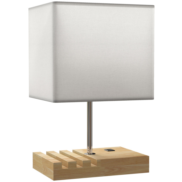 HOMCOM Bedside Lamp with USB A+C Charging Ports and 3 Phone Stands, Modern Table Lamp with Solid Wood Base and Fabric Shade for Bedroom Living Room Office, E27 Socket, Bulb Not Included, White - image 1