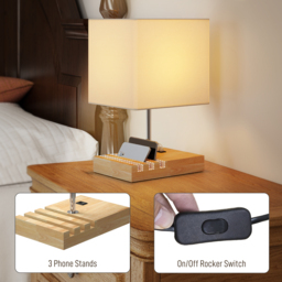 HOMCOM Bedside Lamp with USB A+C Charging Ports and 3 Phone Stands, Modern Table Lamp with Solid Wood Base and Fabric Shade for Bedroom Living Room Office, E27 Socket, Bulb Not Included, White - thumbnail 5