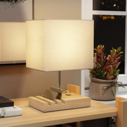 HOMCOM Bedside Lamp with USB A+C Charging Ports and 3 Phone Stands, Modern Table Lamp with Solid Wood Base and Fabric Shade for Bedroom Living Room Office, E27 Socket, Bulb Not Included, White - thumbnail 2