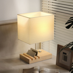 HOMCOM Bedside Lamp with USB A+C Charging Ports and 3 Phone Stands, Modern Table Lamp with Solid Wood Base and Fabric Shade for Bedroom Living Room Office, E27 Socket, Bulb Not Included, White - thumbnail 9
