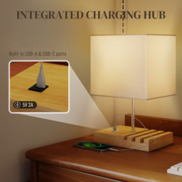 HOMCOM Bedside Lamp with USB A+C Charging Ports and 3 Phone Stands, Modern Table Lamp with Solid Wood Base and Fabric Shade for Bedroom Living Room Office, E27 Socket, Bulb Not Included, White - thumbnail 4