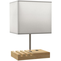 HOMCOM Bedside Lamp with USB A+C Charging Ports and 3 Phone Stands, Modern Table Lamp with Solid Wood Base and Fabric Shade for Bedroom Living Room Office, E27 Socket, Bulb Not Included, White - thumbnail 1