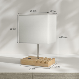 HOMCOM Bedside Lamp with USB A+C Charging Ports and 3 Phone Stands, Modern Table Lamp with Solid Wood Base and Fabric Shade for Bedroom Living Room Office, E27 Socket, Bulb Not Included, White - thumbnail 3