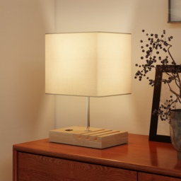 HOMCOM Bedside Lamp with USB A+C Charging Ports and 3 Phone Stands, Modern Table Lamp with Solid Wood Base and Fabric Shade for Bedroom Living Room Office, E27 Socket, Bulb Not Included, White - thumbnail 7