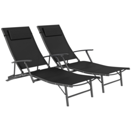 Outsunny Set of 2 Folding Sun Loungers for Garden, Adjustable Outdoor Chaise Lounge Chairs with Armrests, Pillows, Sunbed Recliners, Black - thumbnail 1