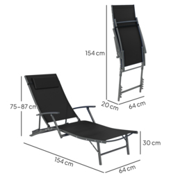 Outsunny Set of 2 Folding Sun Loungers for Garden, Adjustable Outdoor Chaise Lounge Chairs with Armrests, Pillows, Sunbed Recliners, Black - thumbnail 3