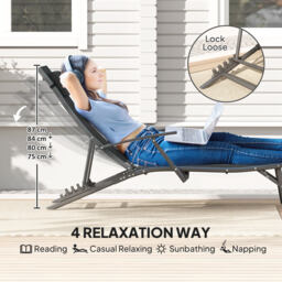 Outsunny Set of 2 Folding Sun Loungers for Garden, Adjustable Outdoor Chaise Lounge Chairs with Armrests, Pillows, Sunbed Recliners, Black - thumbnail 4
