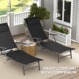 Outsunny Set of 2 Folding Sun Loungers for Garden, Adjustable Outdoor Chaise Lounge Chairs with Armrests, Pillows, Sunbed Recliners, Black - thumbnail 6