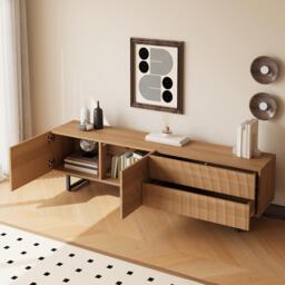Practical TV Cabinet with 2-Door Cabinet and 2 Drawers, Solid TV Stand with Metal Legs and Particleboard Frame, 180L x 38W x 51.5H cm, Wood - Aosom UK - thumbnail 7