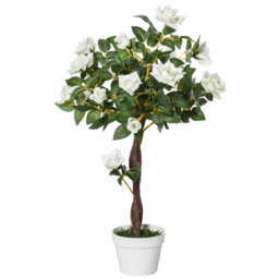 Outsunny 90cm/3FT Artificial Rose Tree Fake Decorative Plant w/ 21 Flowers Pot Indoor Outdoor Faux Decoration Home Office Décor White Green - Aosom UK - thumbnail 1