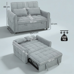 HOMCOM 2 Seater Sofa Bed, 3-in-1 Convertible Sleeper Sofa with Click-clack Adjustable Backrest and 2 Pillows, Grey - thumbnail 3