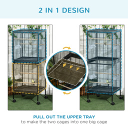 PawHut Bird Cage Budgie Cage 2 In 1 Large Aviary with Wheels Removable Trays for Finch Canaries Cockatiels Black - thumbnail 4