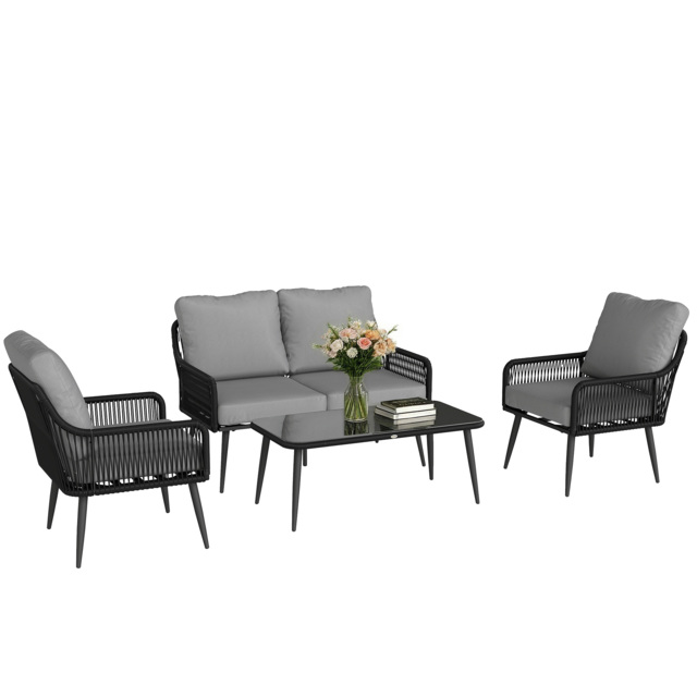 Outsunny Rattan Garden Furniture Set, 4 Piece Outdoor Patio Furniture with Tempered Glass Table and Chairs, Indoor Balcony Conservatory Set - image 1