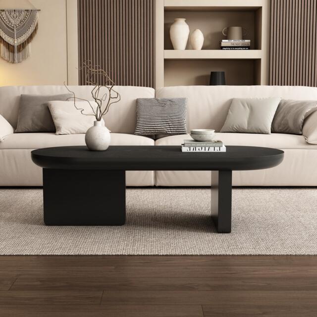 Oval Centre Coffee Table with Double Square Legs and Felt Feet, Minimalist Table for Compact Living Rooms, 119.5L x 50W x 35.5H cm, Black - Aosom UK